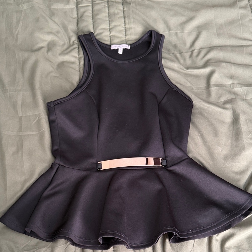 Black Peplum Tank Top with Gold Accent Belt